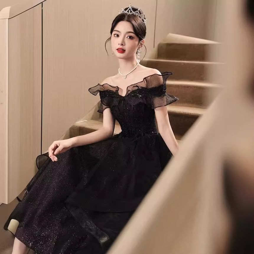 Short-Sleeve Off Shoulder Plain Ruffle Mesh A-Line Evening Gown