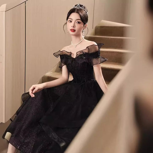 Short-Sleeve Off Shoulder Plain Ruffle Mesh A-Line Evening Gown