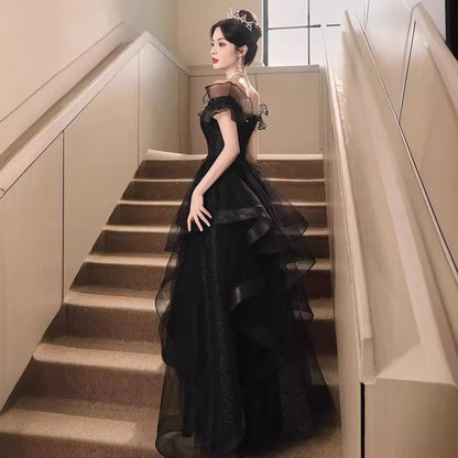 Short-Sleeve Off Shoulder Plain Ruffle Mesh A-Line Evening Gown