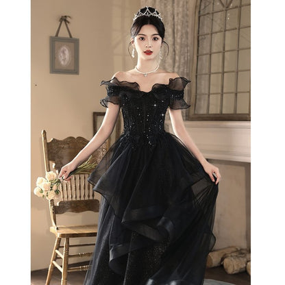 Short-Sleeve Off Shoulder Plain Ruffle Mesh A-Line Evening Gown