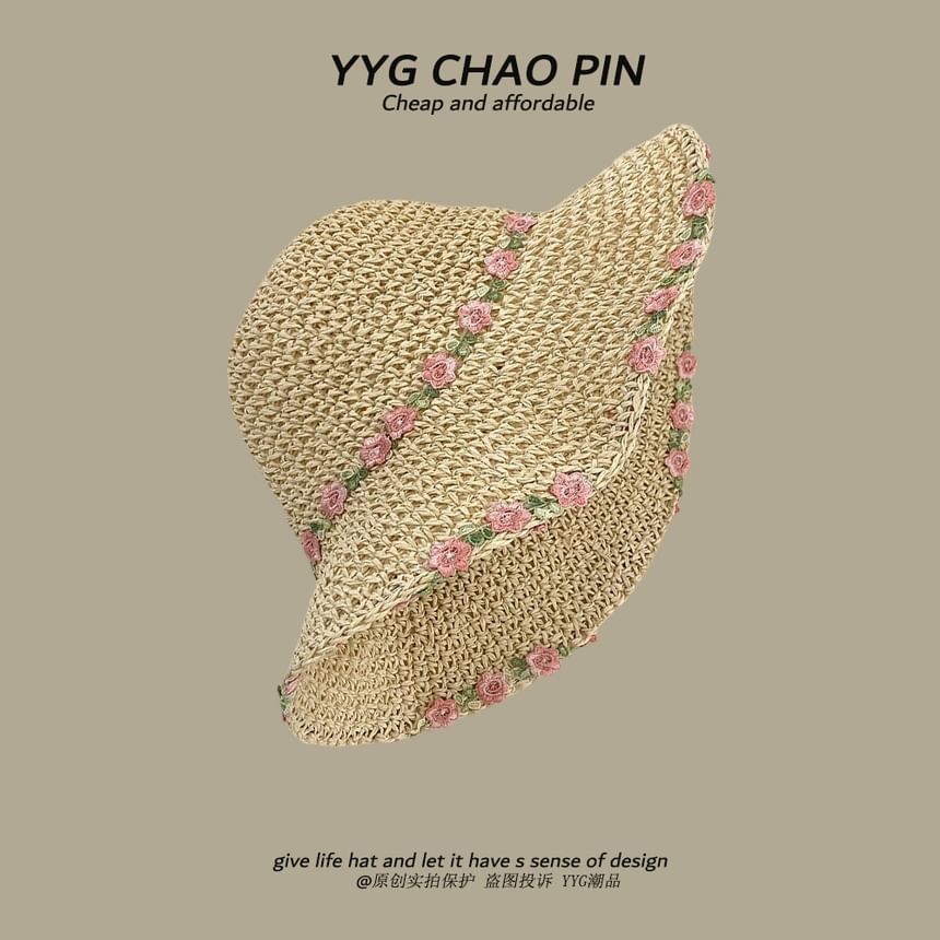 Straw Embroidered Hat Floral Sun