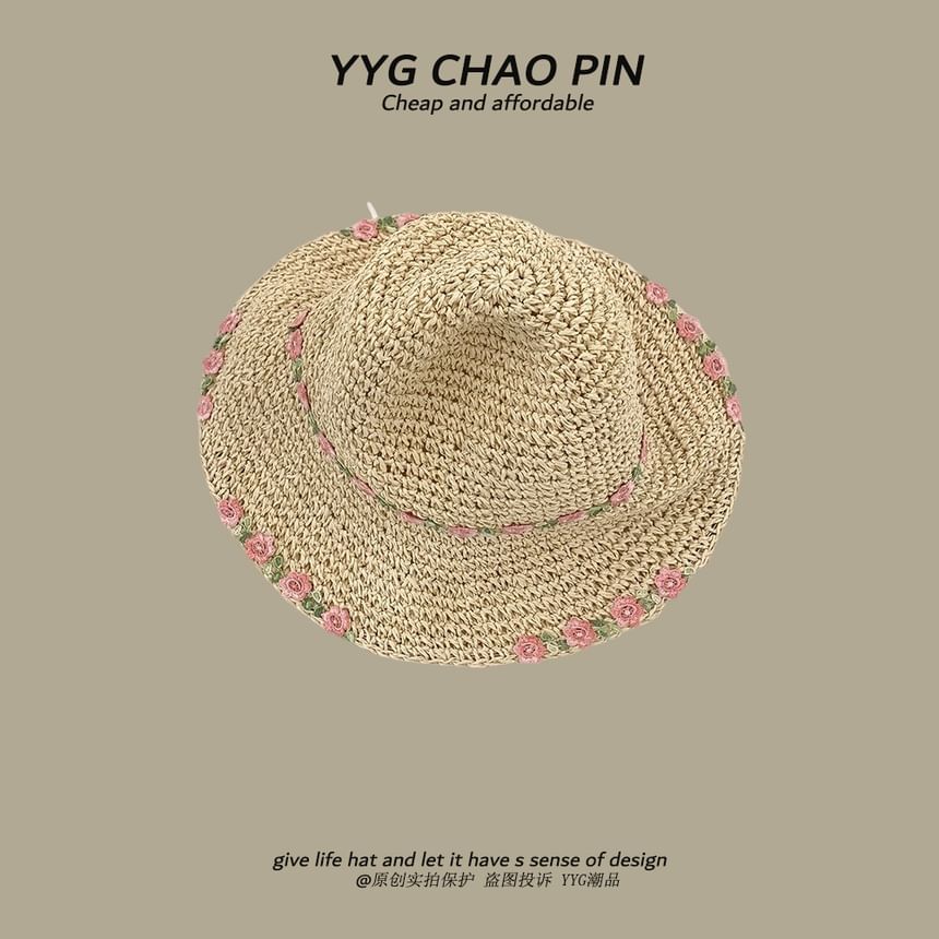 Straw Embroidered Hat Floral Sun