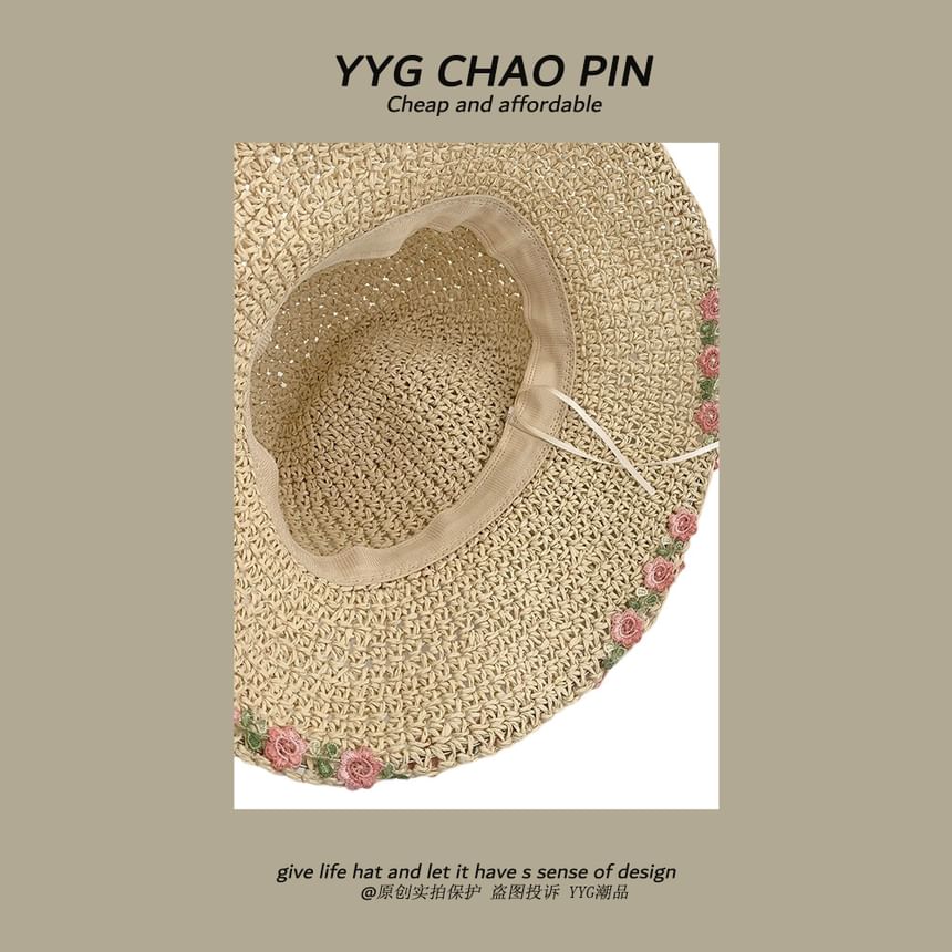 Straw Embroidered Hat Floral Sun