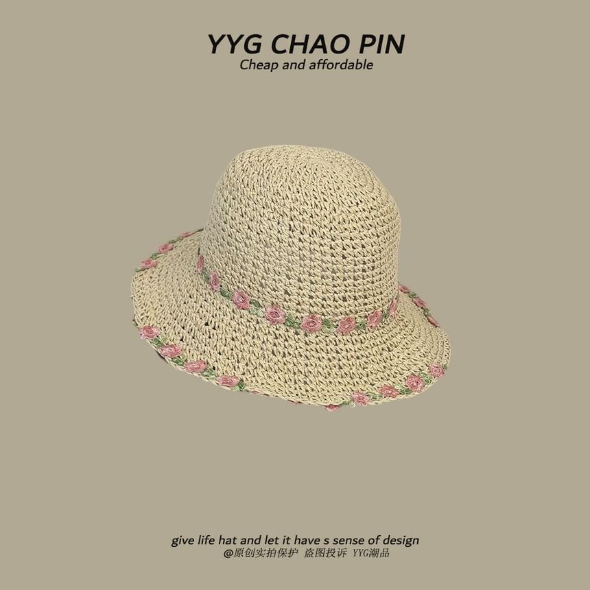 Straw Embroidered Hat Floral Sun
