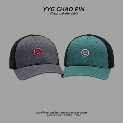 Two Cap Face Embroidered Trucker Smiley Tone