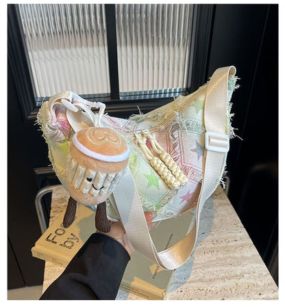 Patterned Distressed Fabric Crossbody Bag