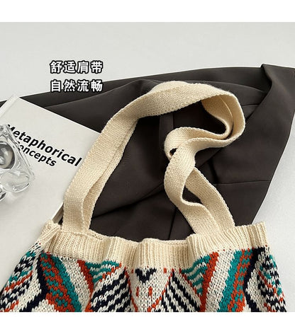 Geometric Patterned Knit Tote Bag