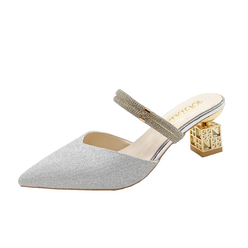 Rhinestone Pointed Mules Heel Block