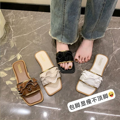 Square Slide Sandals Toe Ruffle