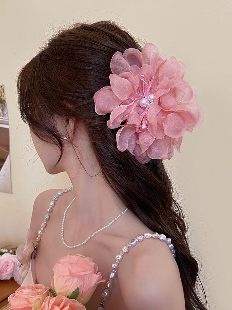 Floral Fabric Faux Pearl Hair Clamp