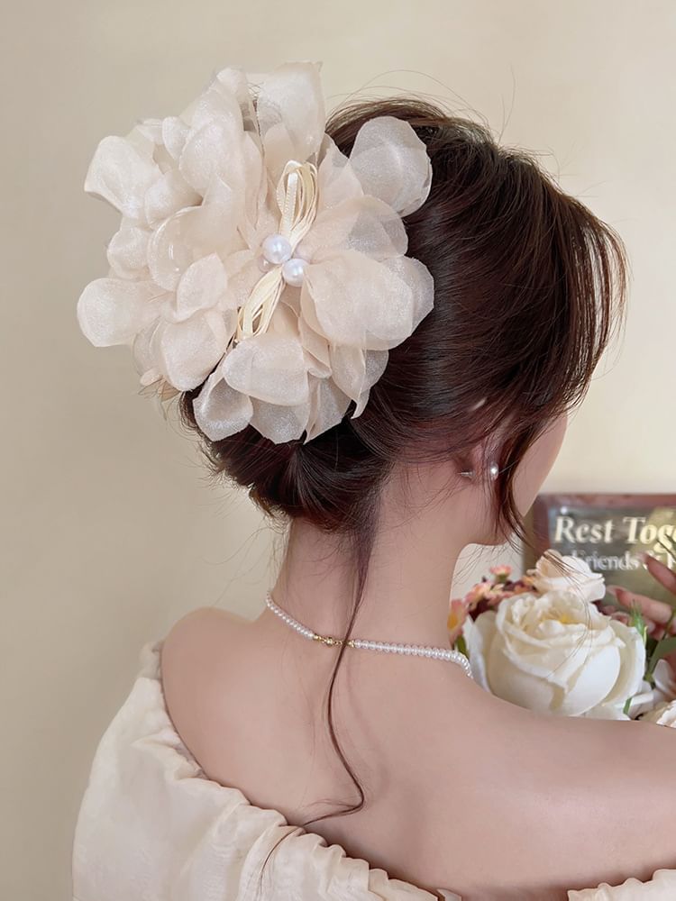 Floral Fabric Faux Pearl Hair Clamp