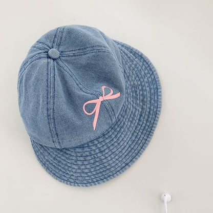Bow Embroidered Denim Bucket Hat