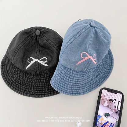 Bow Embroidered Denim Bucket Hat
