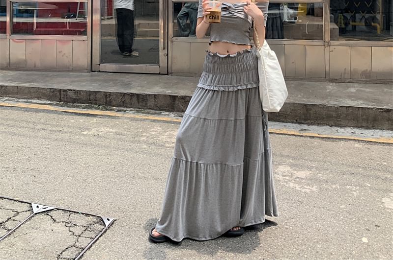 Off Shoulder Plain Twist Top / Ruched Midi Rise Midi A-Line Skirt