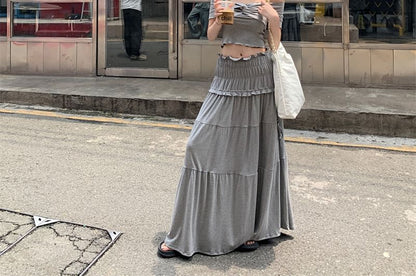 Off Shoulder Plain Twist Top / Ruched Midi Rise Midi A-Line Skirt