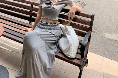 Off Shoulder Plain Twist Top / Ruched Midi Rise Midi A-Line Skirt