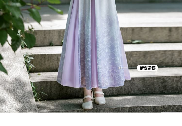 Elbow-Sleeve Mandarin Collar Floral Embroidered Panel Top / High Rise Fan Print Panel Maxi A-Line Skirt