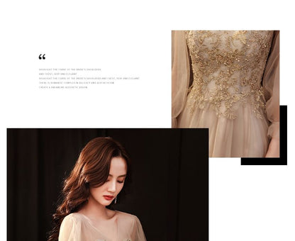 Long-Sleeve / Dress Mesh V-Neck Evening A-Line Gown