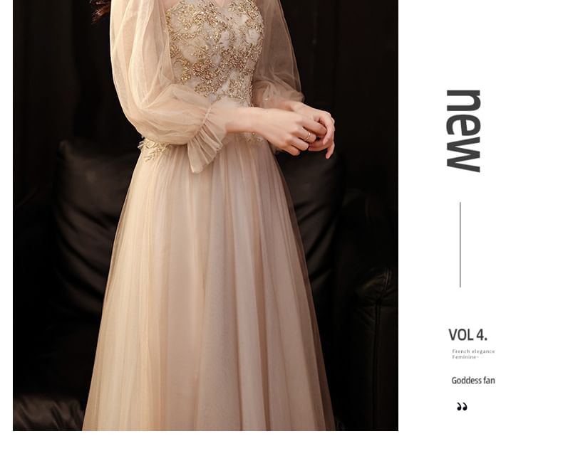 Long-Sleeve / Dress Mesh V-Neck Evening A-Line Gown