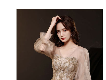 Long-Sleeve / Dress Mesh V-Neck Evening A-Line Gown