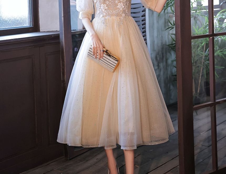 Floral Gown / Dress Evening A-Line Short-Sleeve Mesh