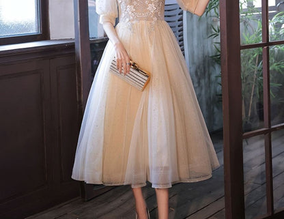 Floral Gown / Dress Evening A-Line Short-Sleeve Mesh