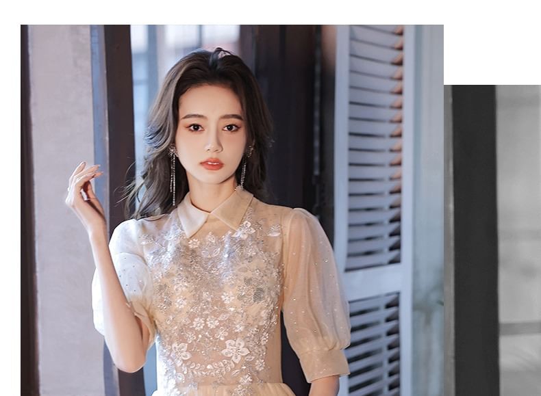 Floral Gown / Dress Evening A-Line Short-Sleeve Mesh