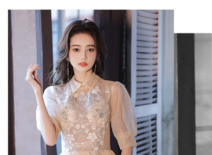 Floral Gown / Dress Evening A-Line Short-Sleeve Mesh