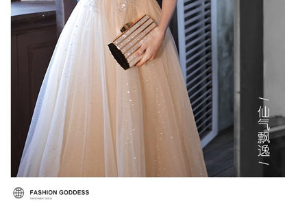 Floral Gown / Dress Evening A-Line Short-Sleeve Mesh