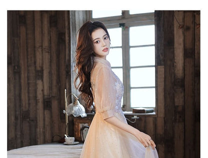 Floral Gown / Dress Evening A-Line Short-Sleeve Mesh