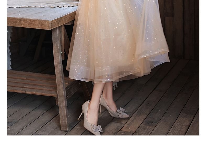 Floral Gown / Dress Evening A-Line Short-Sleeve Mesh