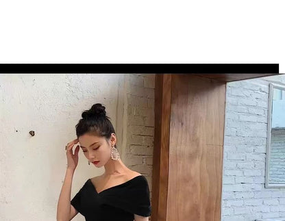 Gown Dress V-Neck A-Line Short-Sleeve Evening / Plain