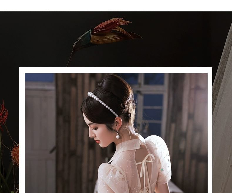 A-Line Mesh Short-Sleeve Evening Gown Collared Sequin