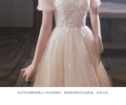 A-Line Mesh Short-Sleeve Evening Gown Collared Sequin