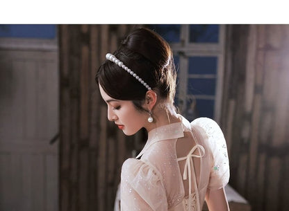 A-Line Mesh Short-Sleeve Evening Gown Collared Sequin