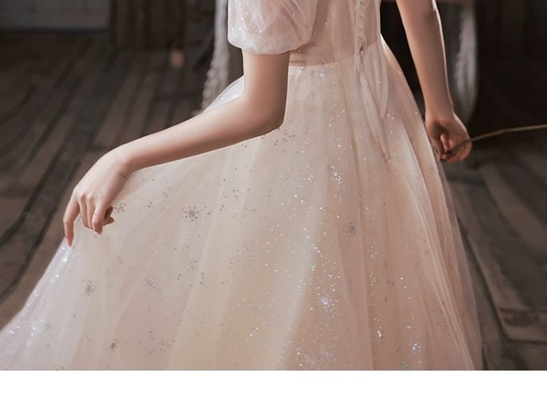 A-Line Mesh Short-Sleeve Evening Gown Collared Sequin