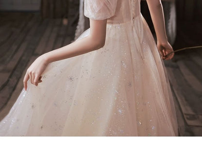 A-Line Mesh Short-Sleeve Evening Gown Collared Sequin