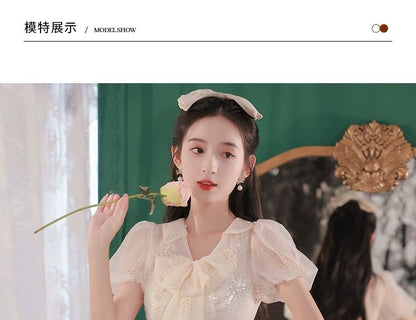 A-Line Evening Mesh Gown Ribbon Short-Sleeve Neck