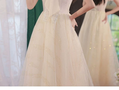 A-Line Evening Mesh Gown Ribbon Short-Sleeve Neck