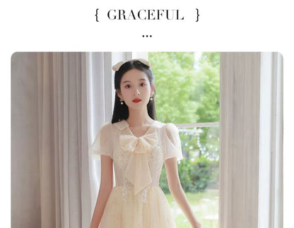 A-Line Evening Mesh Gown Ribbon Short-Sleeve Neck