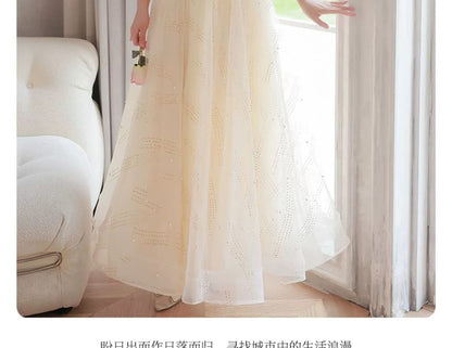 A-Line Evening Mesh Gown Ribbon Short-Sleeve Neck