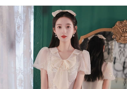 A-Line Evening Mesh Gown Ribbon Short-Sleeve Neck