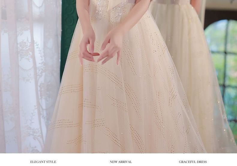 A-Line Evening Mesh Gown Ribbon Short-Sleeve Neck