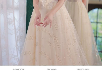 A-Line Evening Mesh Gown Ribbon Short-Sleeve Neck