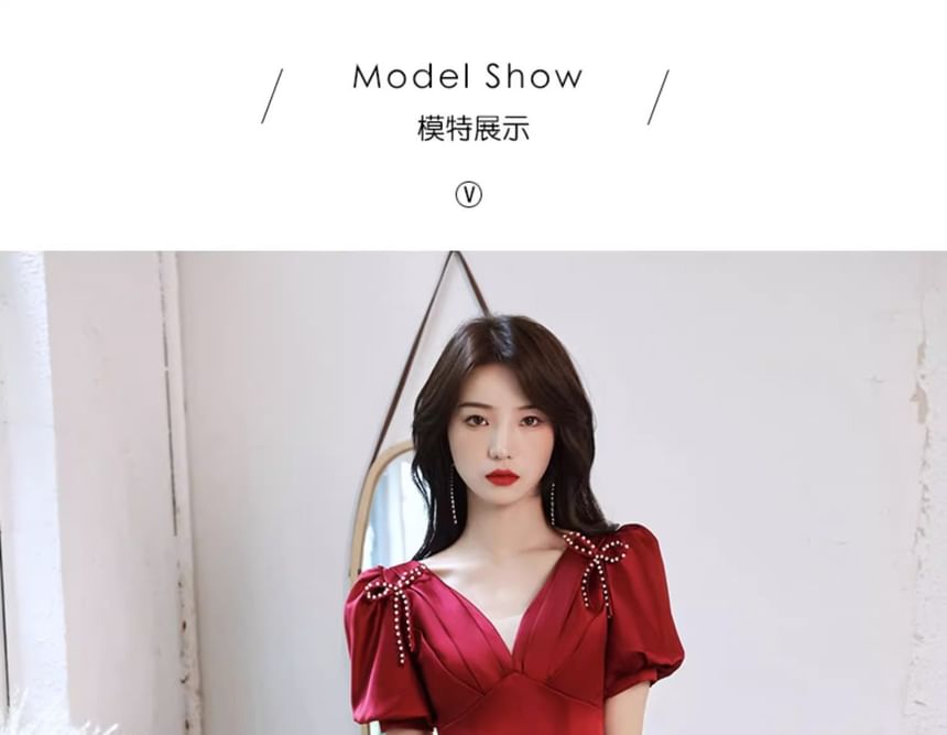 A-Line Evening V-Neck Short-Sleeve Beaded / Gown Ribbon Dress