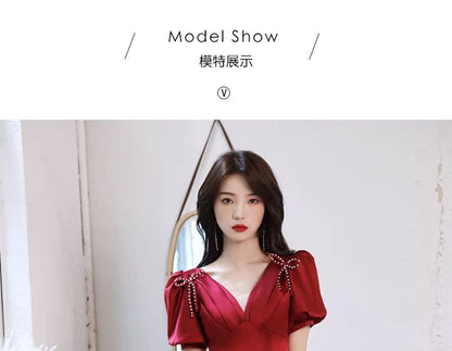 A-Line Evening V-Neck Short-Sleeve Beaded / Gown Ribbon Dress