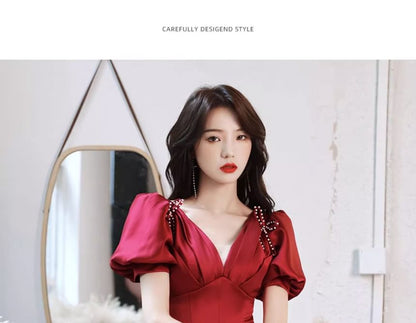 A-Line Evening V-Neck Short-Sleeve Beaded / Gown Ribbon Dress