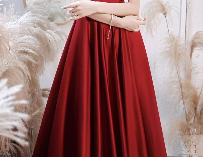 A-Line Evening V-Neck Short-Sleeve Beaded / Gown Ribbon Dress