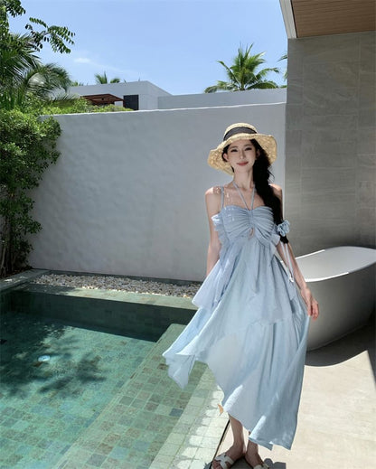 Spaghetti Strap Plain Asymmetrical Midi A-Line Dress