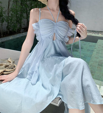 Spaghetti Strap Plain Asymmetrical Midi A-Line Dress